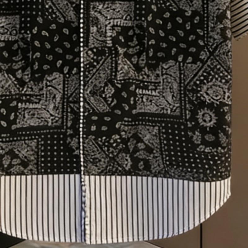 Men's Bandana Patchwork Striped Contrast Pocket Short Sleeve Button Down Shirt Casual Streetwear Top