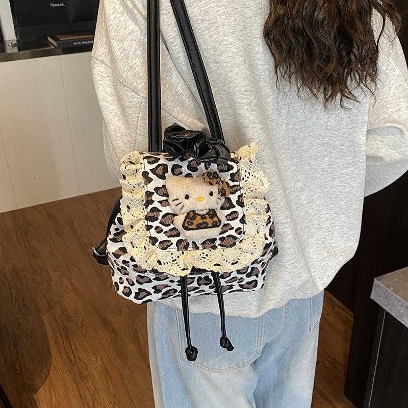 Girls Backpack Retro Leopard Print Boys And Girls Small Schoolbag Sweet Lace Cute Kitten Children'S Backpack