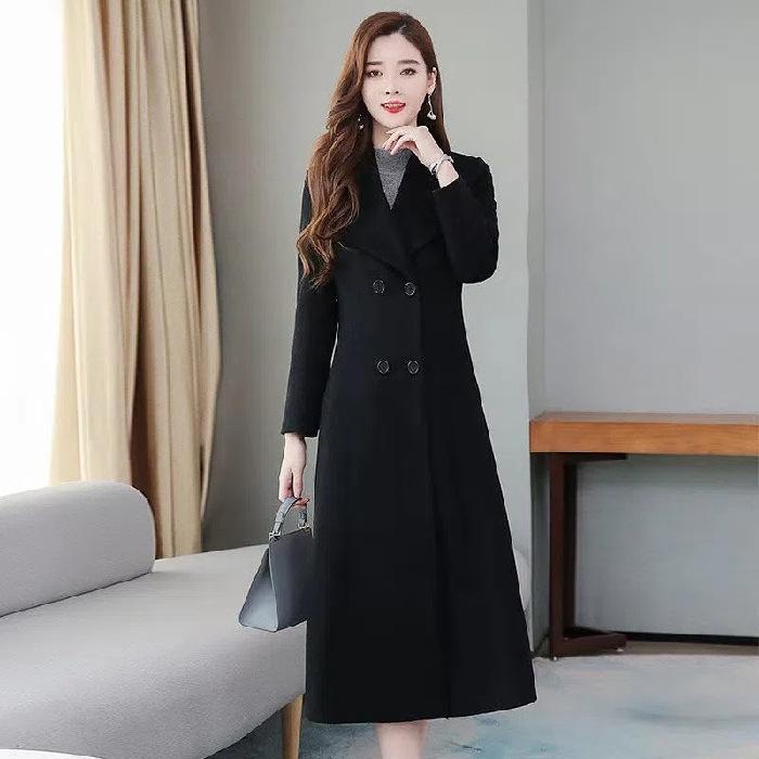 Women's 2023 Spring & Autumn Wool Windbreaker: Oversized, Over-the-Knee, Slim Waist, Long Lapel Coat