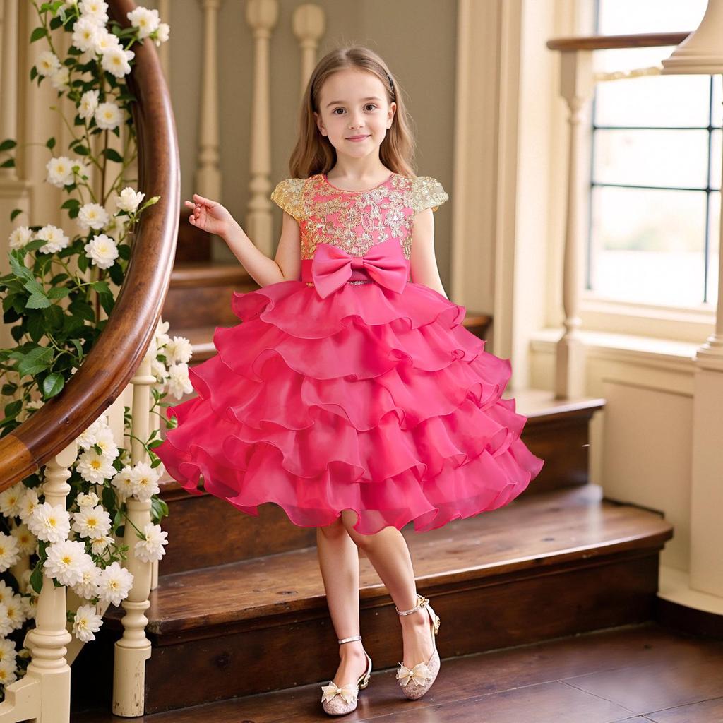 Girls' Puffy Organza Dress with Bow and Embroidery