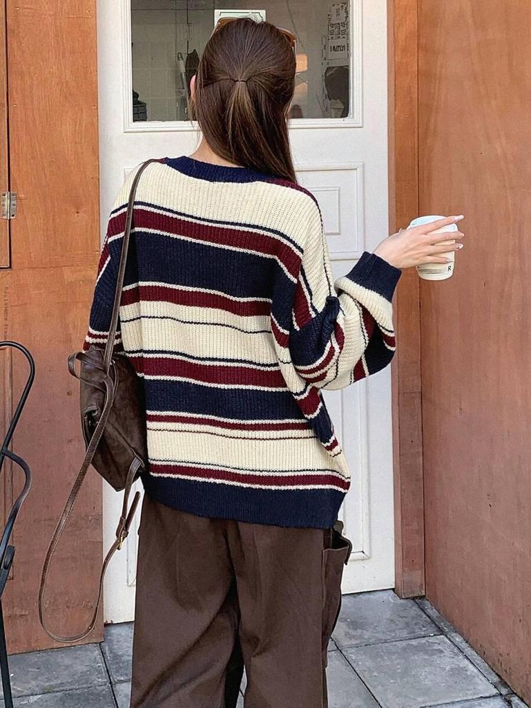 Women's Winter Retro Striped Sweater - Color Block Round Neck Pullover, Casual Loose Knitwear