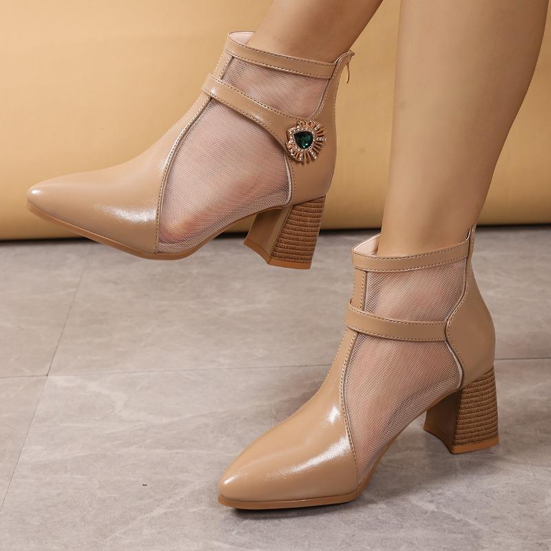 

Модные хрустальные туфли-ботильоны на блочном каблуке из сетки, весна-лето, новинка, с острым носком, из сетки вставками, дышащие, больших размеров, босоножки на высоком каблуке 42