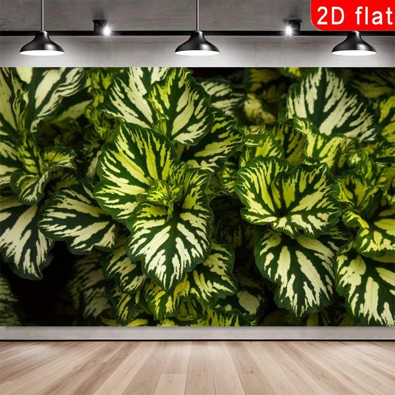 2D Exotic Plant Backdrop, Lush Green and White Leaves Photography Background