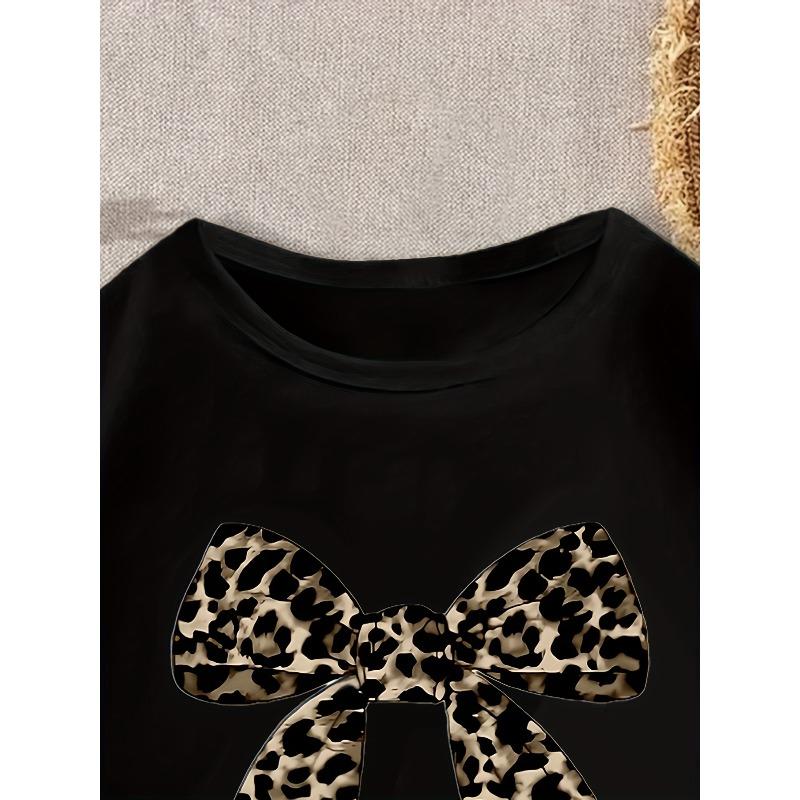 Children Crew Neck Short Sleeve T-Shirt with Leopard Print Bow Print