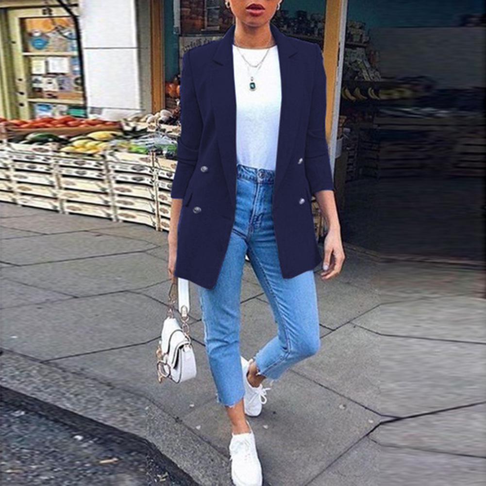 

Women s Mid-Length Slim Fit Turn-Down Collar Long Sleeve Autumn/Winter Coat Cardigan. L темно-синий