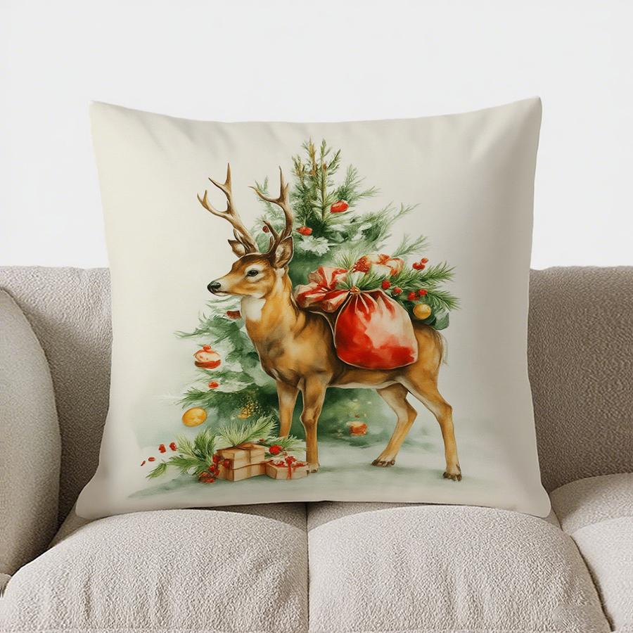 Home Decor Deer With Christmas Tree And Gifts Pillow Cover Pattern Cushion Cover Suitable For Sofa Bedroom Car Pillow Cover