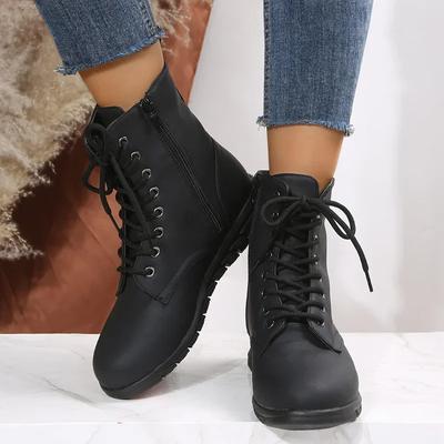 Stivaletti alla Caviglia da Donna Bianco Nero Pelle PU Autunno Inverno Punta Rotonda Scarpe Stringate Donna Moda Moto Piatti Cerniera Laterale Botas