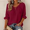 Women's Fashion Color Round Neck Tie Ruffle Three Quarter Sleeve Blouse for Casual Wear