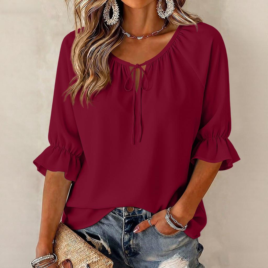 Women's Fashion Color Round Neck Tie Ruffle Three Quarter Sleeve Blouse for Casual Wear