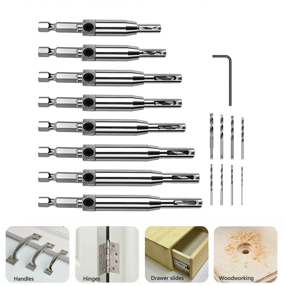 17pcs HSS Self Centering Hinge Drill Bit Set for Pilot Holes in Door Cabinet with 6mm Shank for Electric Drills