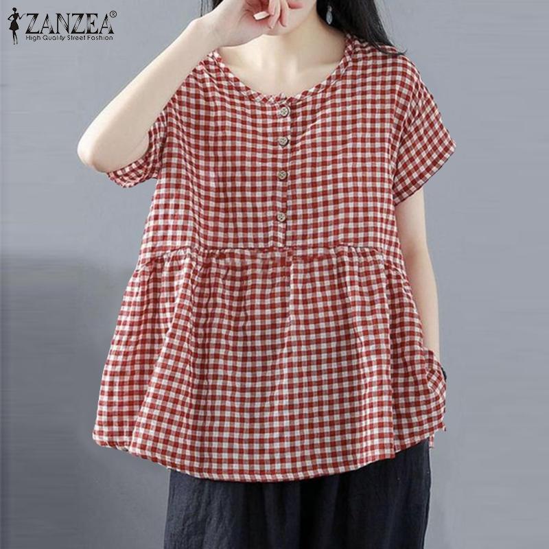 

ZANZEA Женская повседневная блузка с короткими рукавами и круглым вырезом в клетку с принтом L чёрный