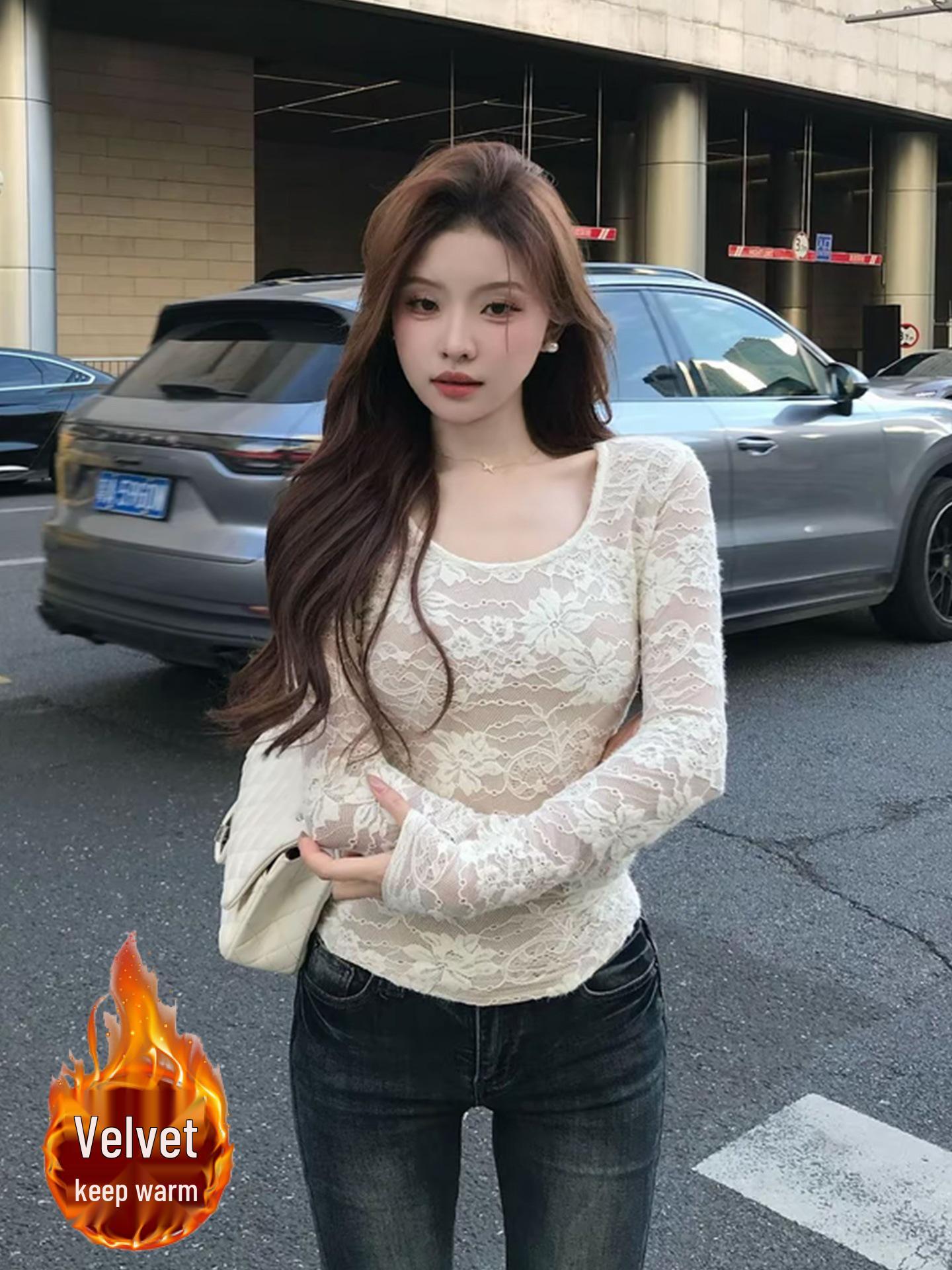 Элегантный топ с длинным рукавом из жаккардового кружева - Плюс бархат, Осенне-зимний стиль XXL