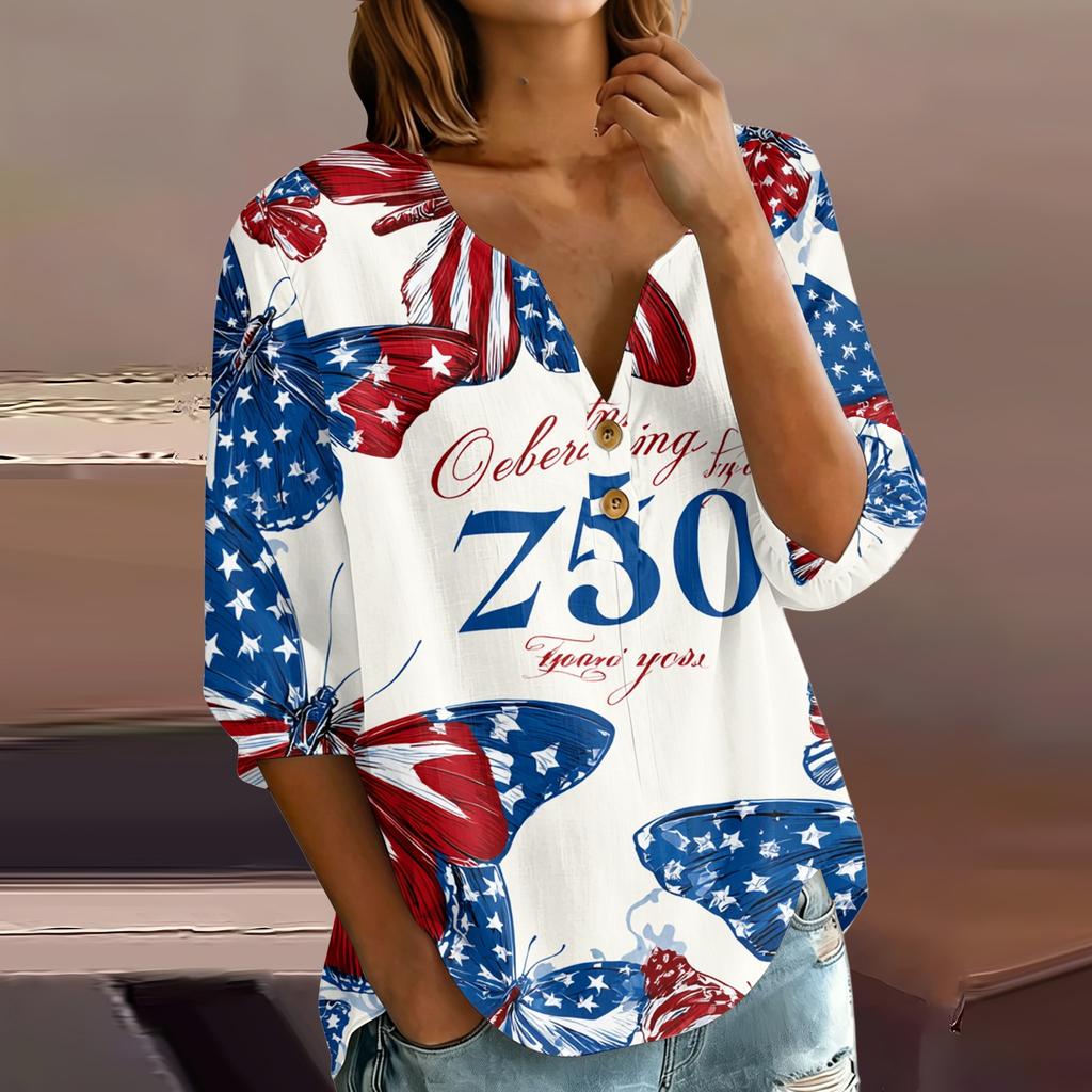 Women's Casual Button Henley Neck Shirt Three Quarter Sleeve Lightweight Breathable Cotton Linen Blouse Loose Fit Printed Top