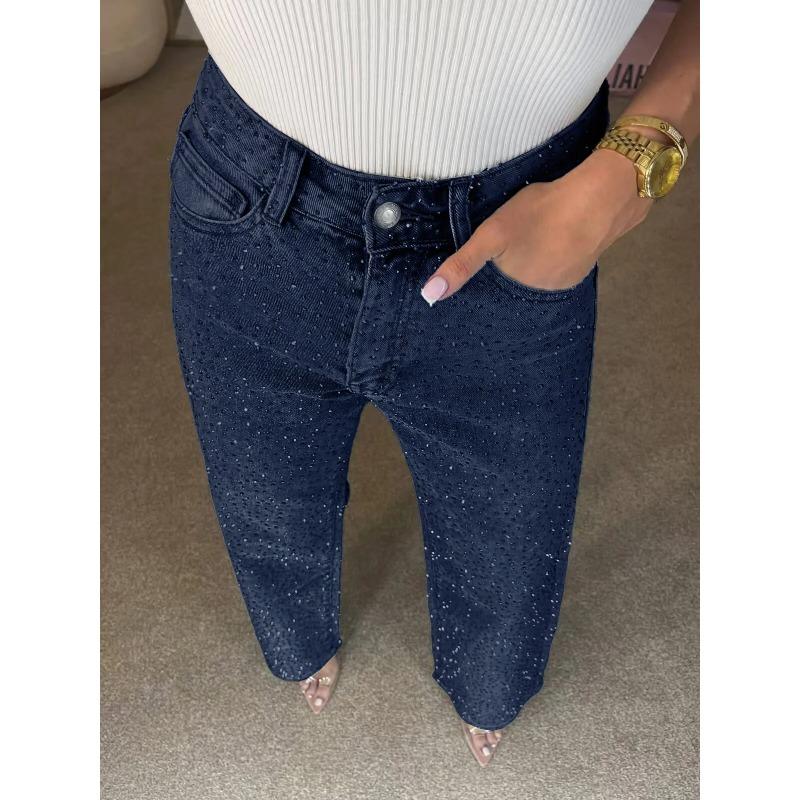 Shiny Rhinestone Jeans Pants Sexy Women High Waist Elegant Night Club Diamonds Denim Straight Trousers