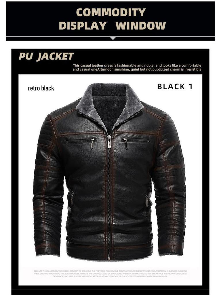 Men's Retro Faux Leather Jacket with Multi-Pockets, Fleece-lined PU, Business Casual Outerwear