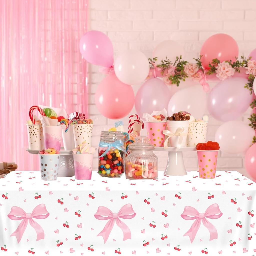 Bow Table Cloth,2 PCS Cherry Tableclothes,Pink Bow Waterproof Disposable Plastic Tablecovers for Birthday Bridal/Baby Shower Cherry-Themed Party