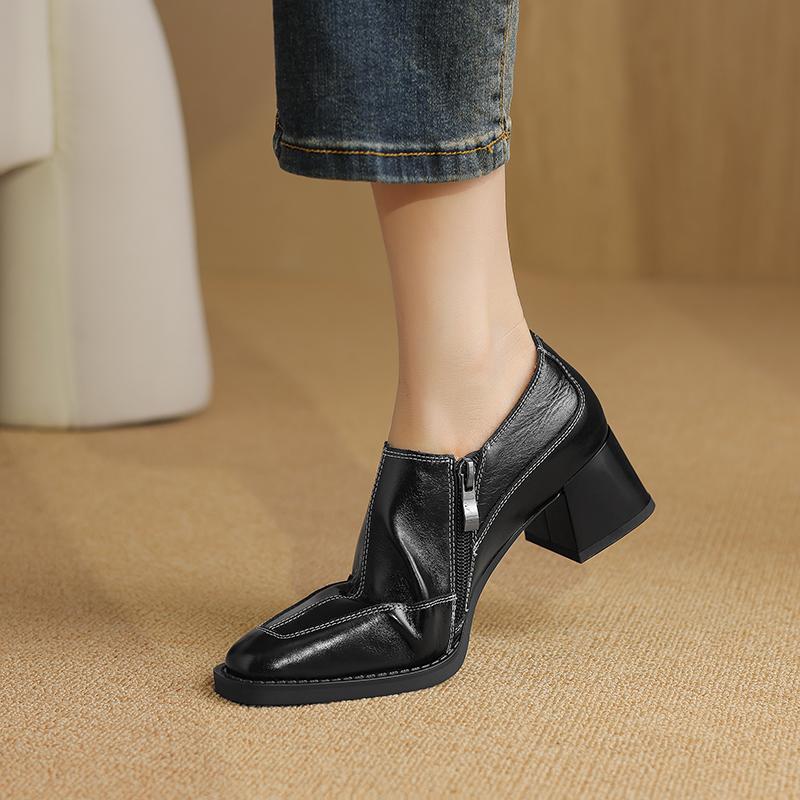 2024 Newest Women Pumps Thick Heels Square Toe Shoes Woman Mature Genuine Leather Spring Summer Basic Office Ladies Working