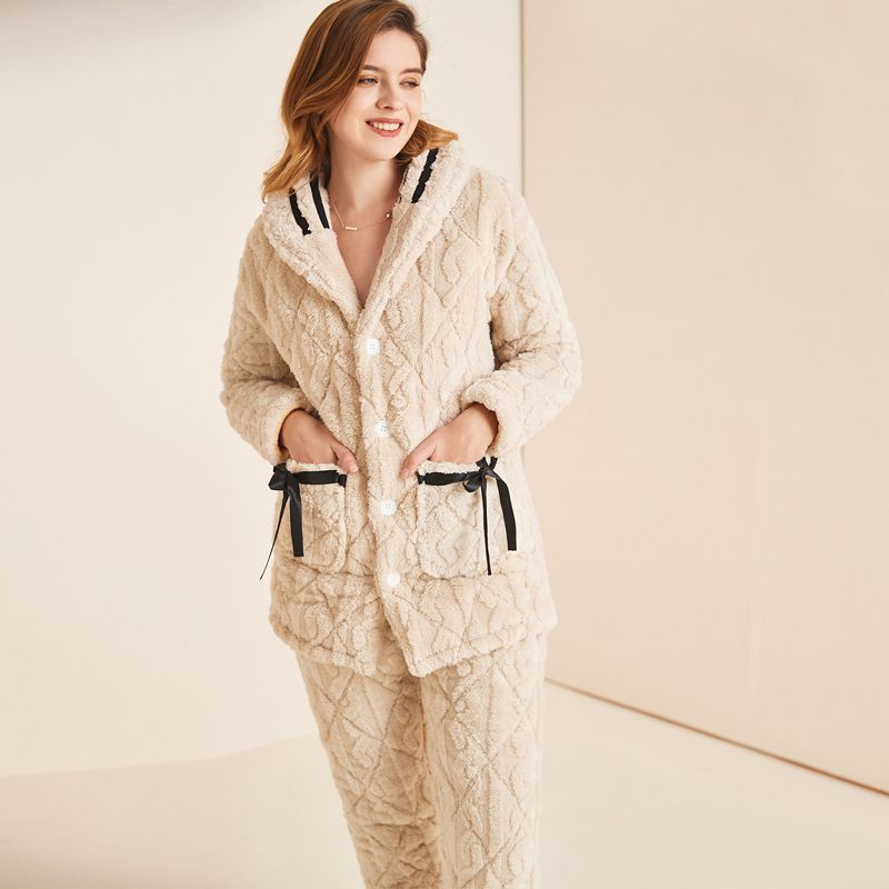 

Velvet Pajamas for Women Winter Fleece-lined Thickened Three-Layer Quilted Super Thick Coral Velvet Home Wear Suit Two-piece Set Women Beige female XL