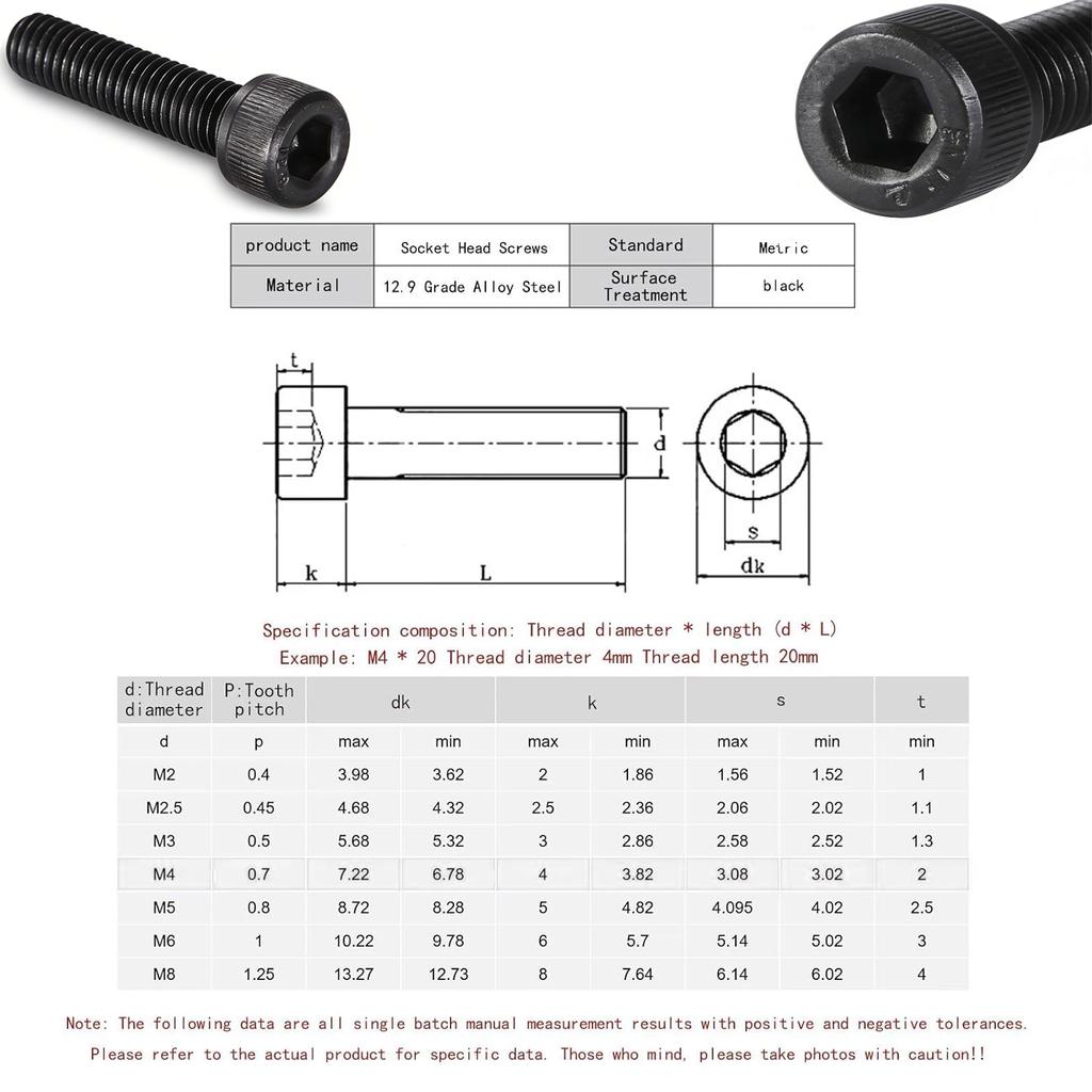 180-300pcs Black Hex Socket Screws 12.9 Grade High Tensile Alloy Steel M2 M3 Metric Bolts for Industrial Maintenance