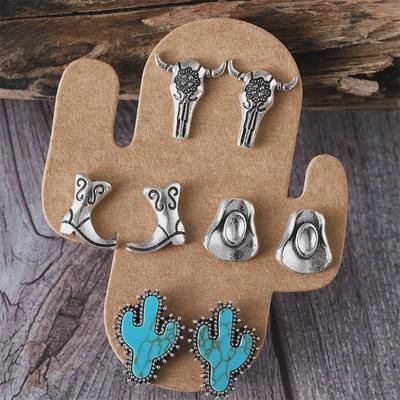 Women's Trendy Bull Head & Cactus Turquoise Earrings, Hat, Boots - 4-Piece Set