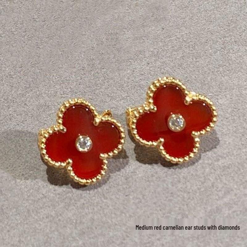 High-Version 18K Rose Gold Earrings: Four-Leaf Clover with White Mother-of-Pearl & Red Agate - Fashionable, Luxurious, INS Style.