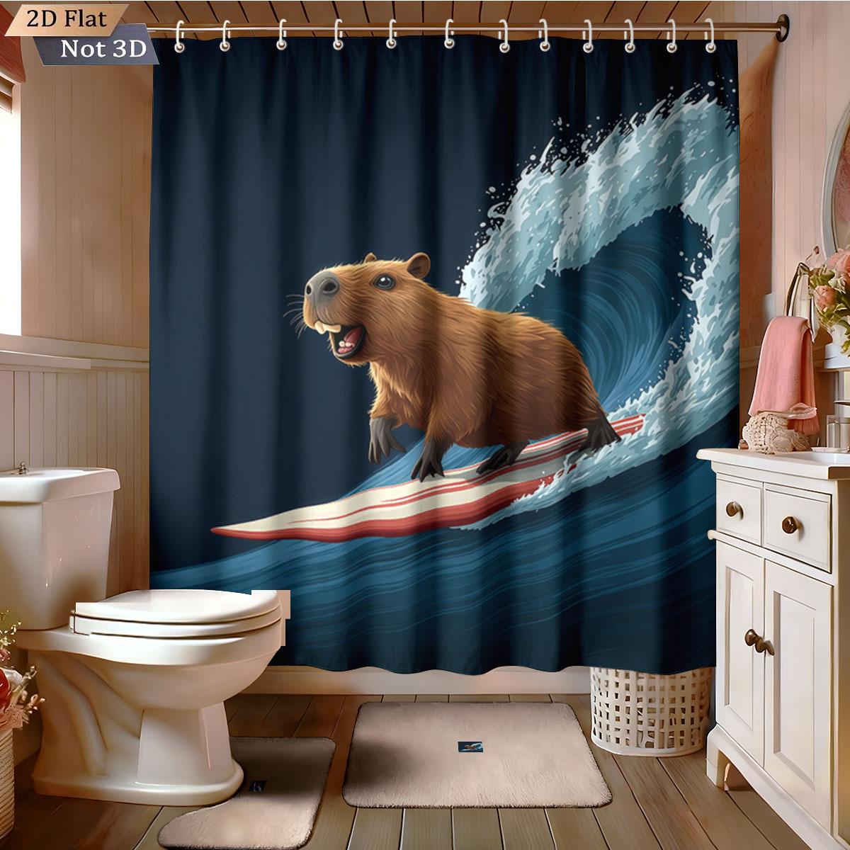 4pcs Capibala Printed Bathroom Set 180x180 Waterproof Shower Curtain With 12 Hook Type Floor Mats, Toilet Mats, U-Shaped Mats 4pcs