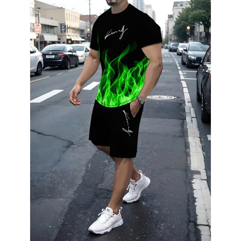 

Мужской комплект из двух предметов с принтом «Король» с узором пламени, летняя повседневная футболка с коротким рукавом и круглым вырезом и шорты на кулиске, одежда для дома и отдыха L