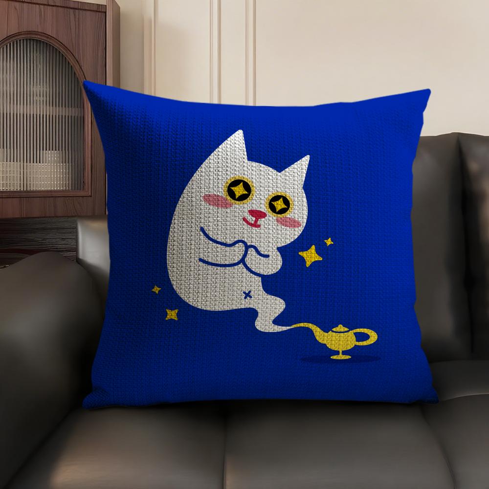 Cute Cat Cushion Cover Summer Breathable Linen Organic Fabric Double-Sided Printing Sofa Pillow Case Home Decor