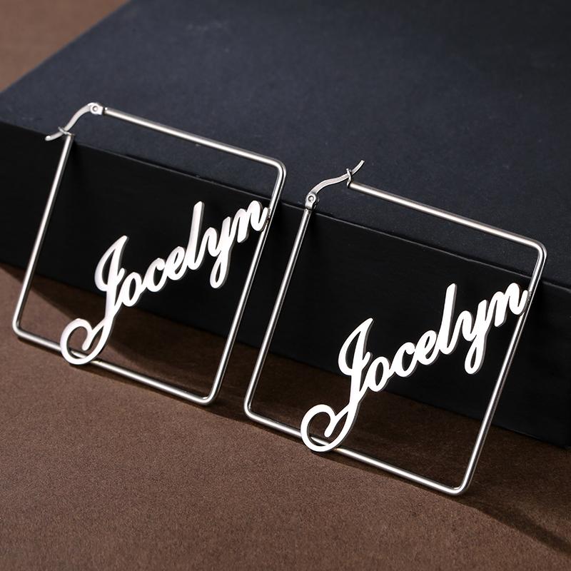Customized Name Earrings Personalized Simple and Elegant Square Geometric Stainless Steel Earrings Birthday Gift for Mother серебряный
