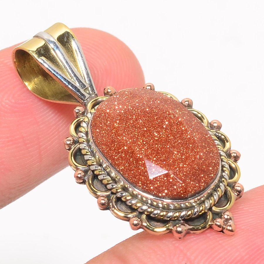 Natural Sunstone Gemstone Two Tone 925 Solid Sterling Silver Pendant 1.50" F4n36