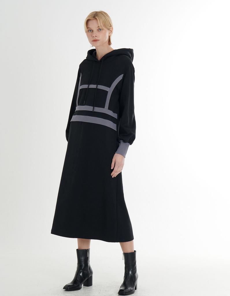 FREAKS BY KIMTAEHOON Cotton Spandex Terry Bag Brushed Fleece Structured Color Block Rib Detail Hooded Midi Dress _Black