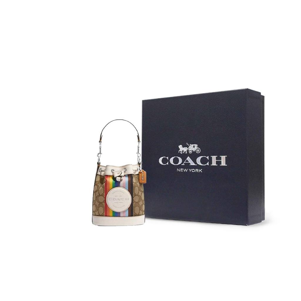 Coach Dempsey 14 Classic Monogram Colorful Striped Canvas And Leather Bucket Bag Women Bags Brown White CJ661-SVOT8