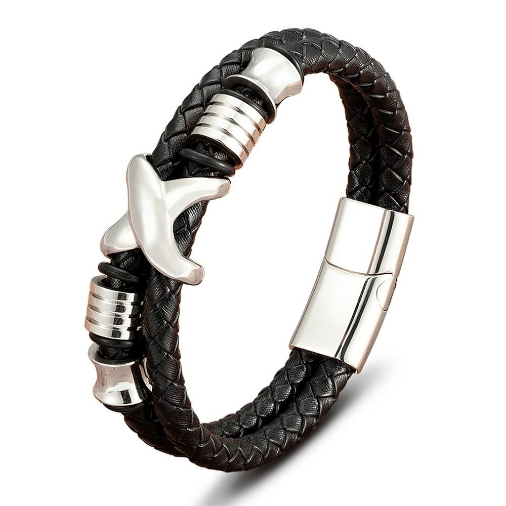 Кожаный плетеный браслет мужской двойной из коровьей кожи и нержавеющей стали, ручная работа, многослойный браслет stainless steel leather bracelet
