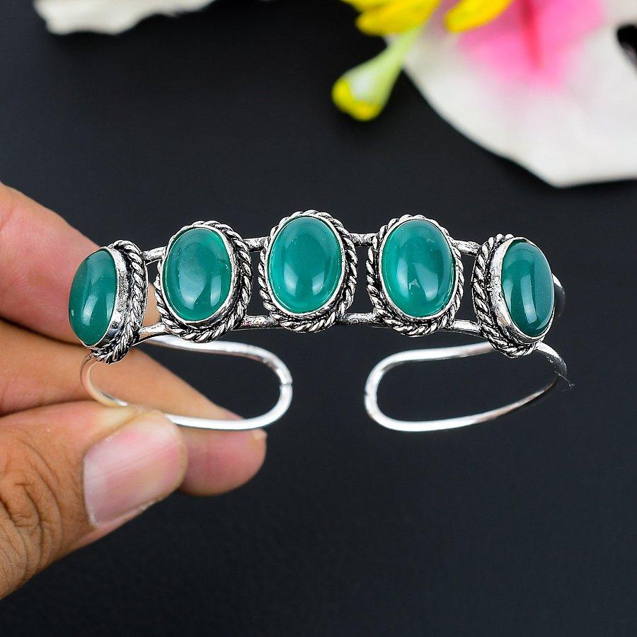 Green Onyx Gemstone Handmade 925 Sterling Silver Cuff Bangle Adjustable KG-261