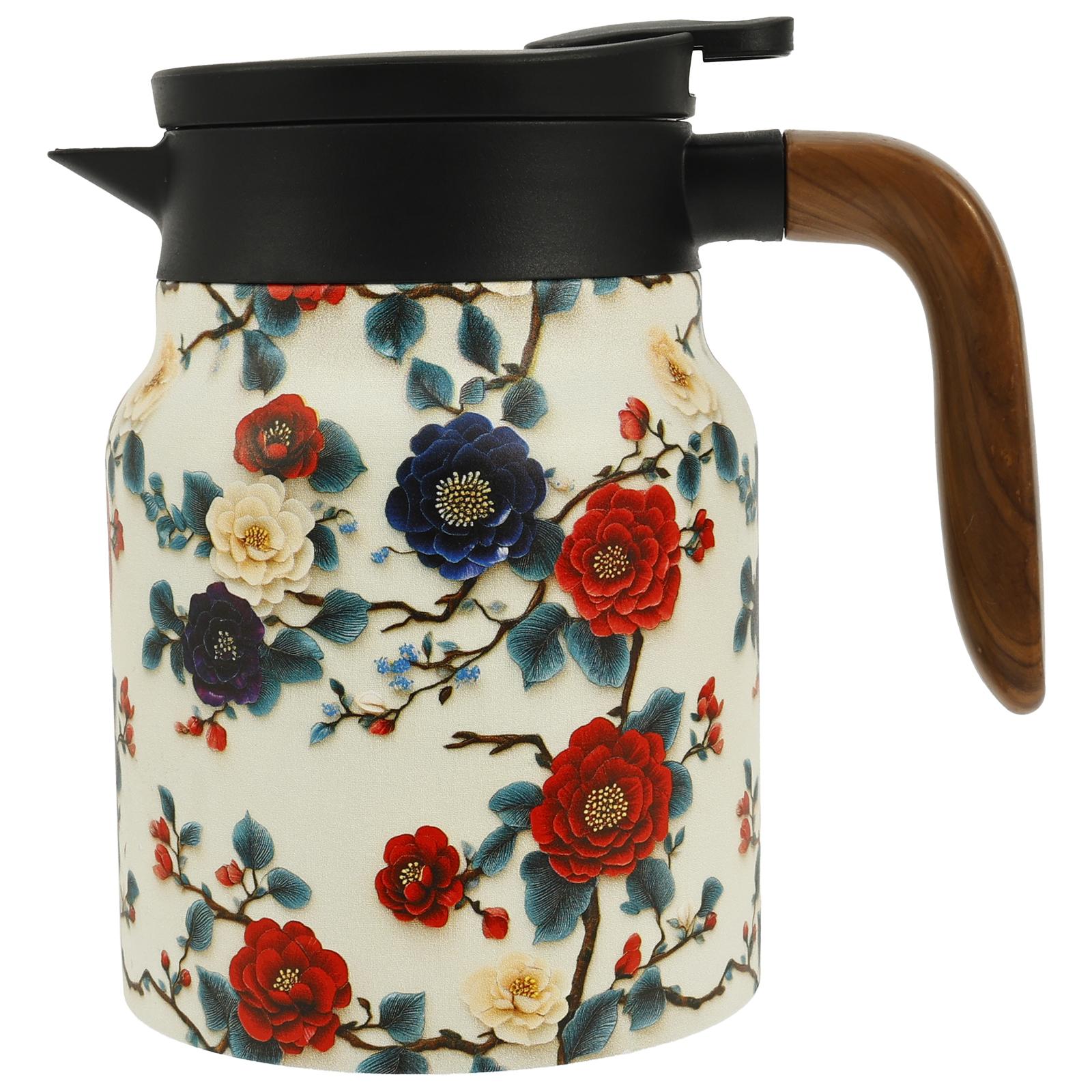 

Stainless Steel Insulated Tea Pot 1000ML Vintage Flower Pattern Tea Kettle with Wood Handle and Built In Infuser for Office Home