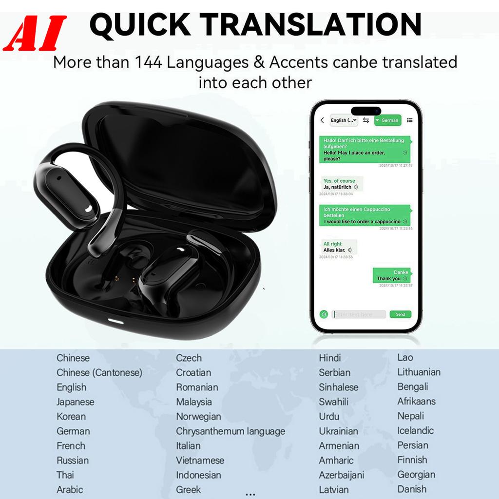 AI Translation Wireless BT Earbuds, Open Ear Music Headphones, Ear Hook Sports Earphones, Real Time Translation for 144