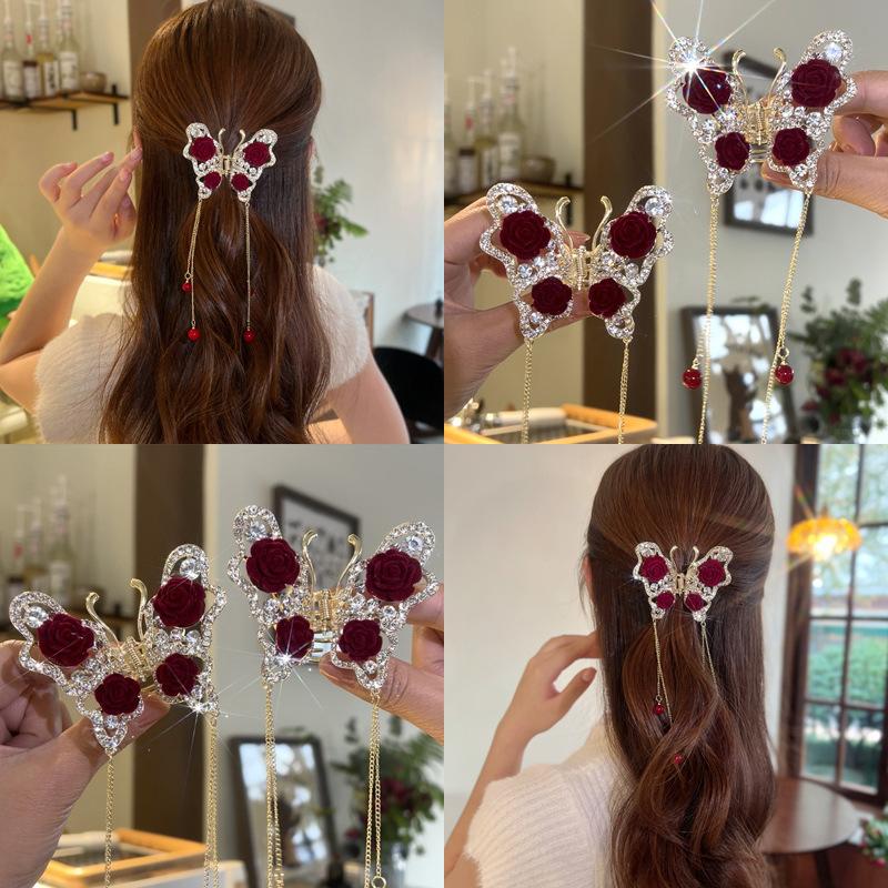 Red Rose Bun Hair Clip Headwear Female Head High-grade Feeling Half A Shark Clip Delicate Butterfly Hair Clip