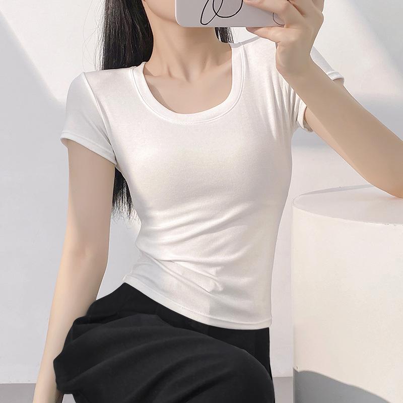 Women's Summer Slim Fit Pink U-Neck T-Shirt - Versatile & Stylish Short Sleeve Top