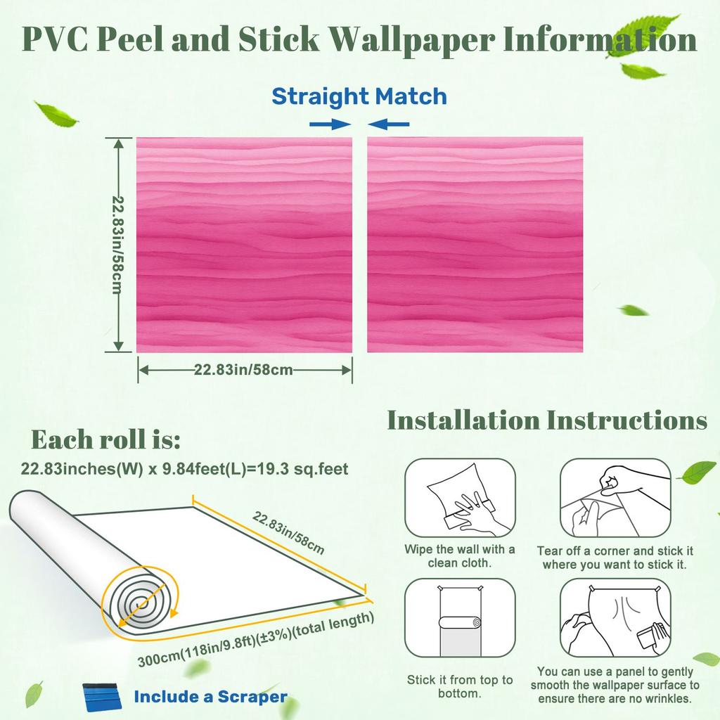 Pink Gradient Waves Wallpaper 22.83"X118" Waterproof Wallpaper for Living Room/Bedroom/Bathroom PVC Wall Sticker