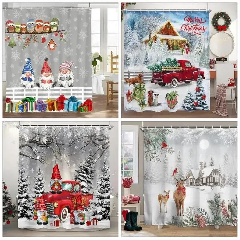 Theme Shower Truck Christmas Tree Gift Deer Red Bird Pinecone Snow Scene Baths Curtain Bathroom DecorXT6