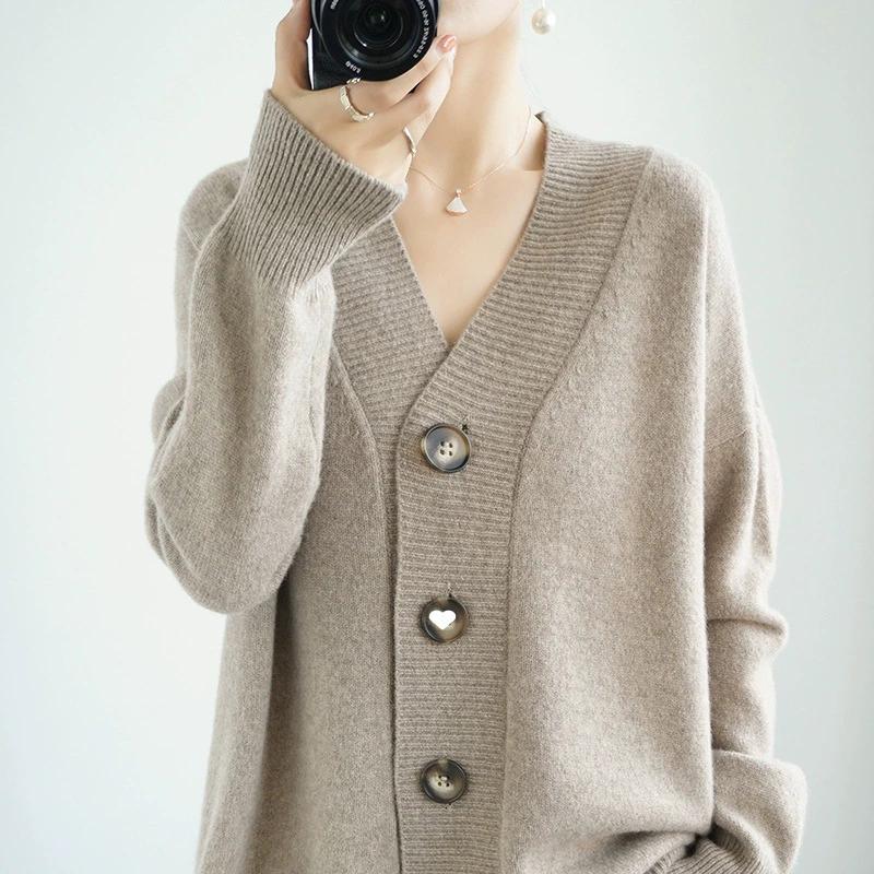 Spring and Autumn Loose Plus Size Cardigan Women's V-neck Knitted Sweater Solid Color Button Lazy Jacket Top