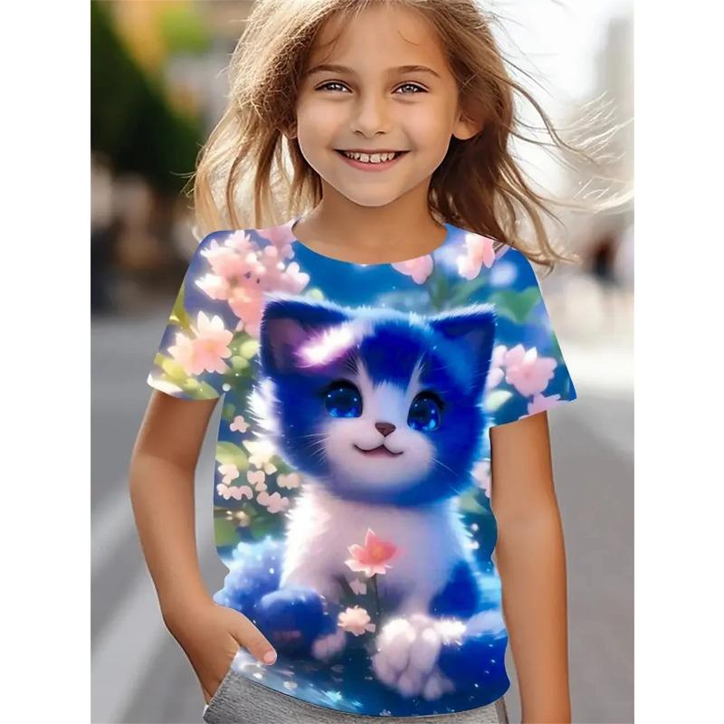 Vtipná dívčí trička Letní top s krátkým rukávem Kreslená zvířata Kočka 3D potisk Dívčí oblečení Ležérní trička