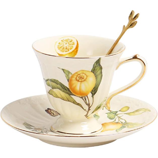 Sizikato Porcelain Cup and Saucer Set with Golden Spoon, 6oz Tea Cup Coffee Mug, Cute Lemon Pattern
