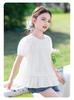 Hollow Flower Doll Shirt - Girls' Summer Dress with Lace Round Neck Short Sleeves, Pure Cotton Bubble Sleeves, Medium Size Children's T-shirt