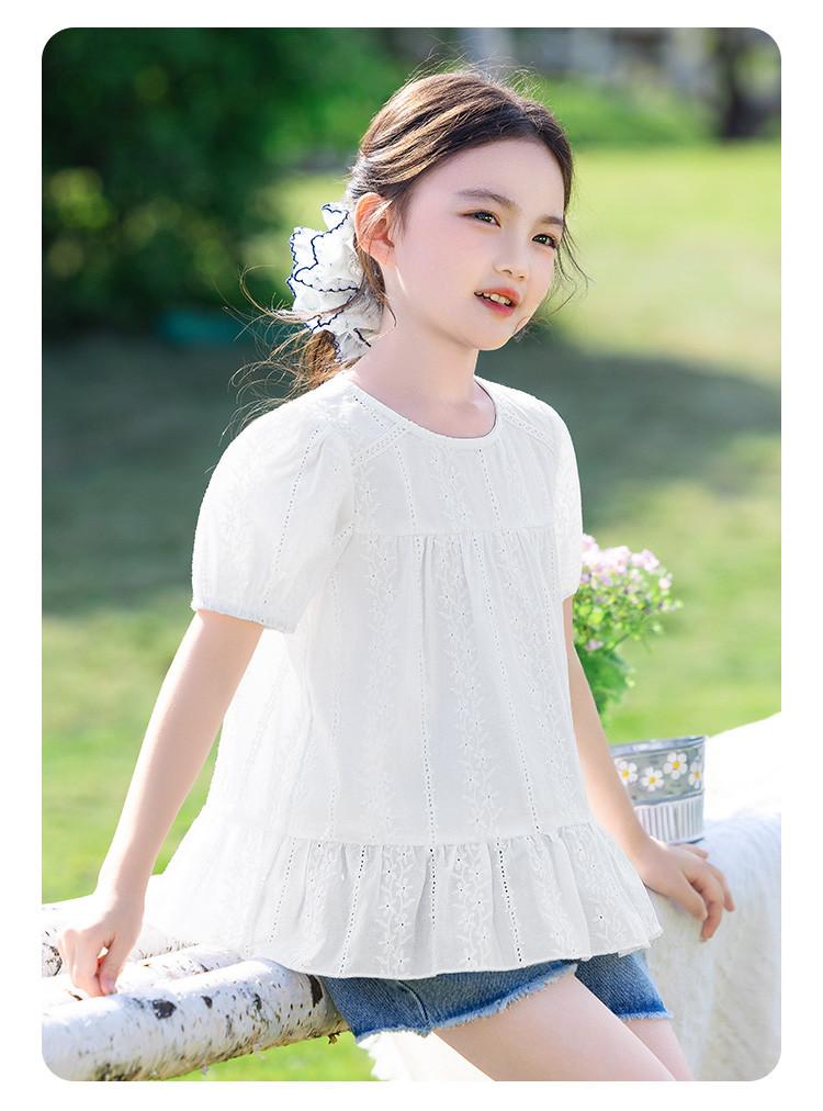 Hollow Flower Doll Shirt - Girls' Summer Dress with Lace Round Neck Short Sleeves, Pure Cotton Bubble Sleeves, Medium Size Children's T-shirt