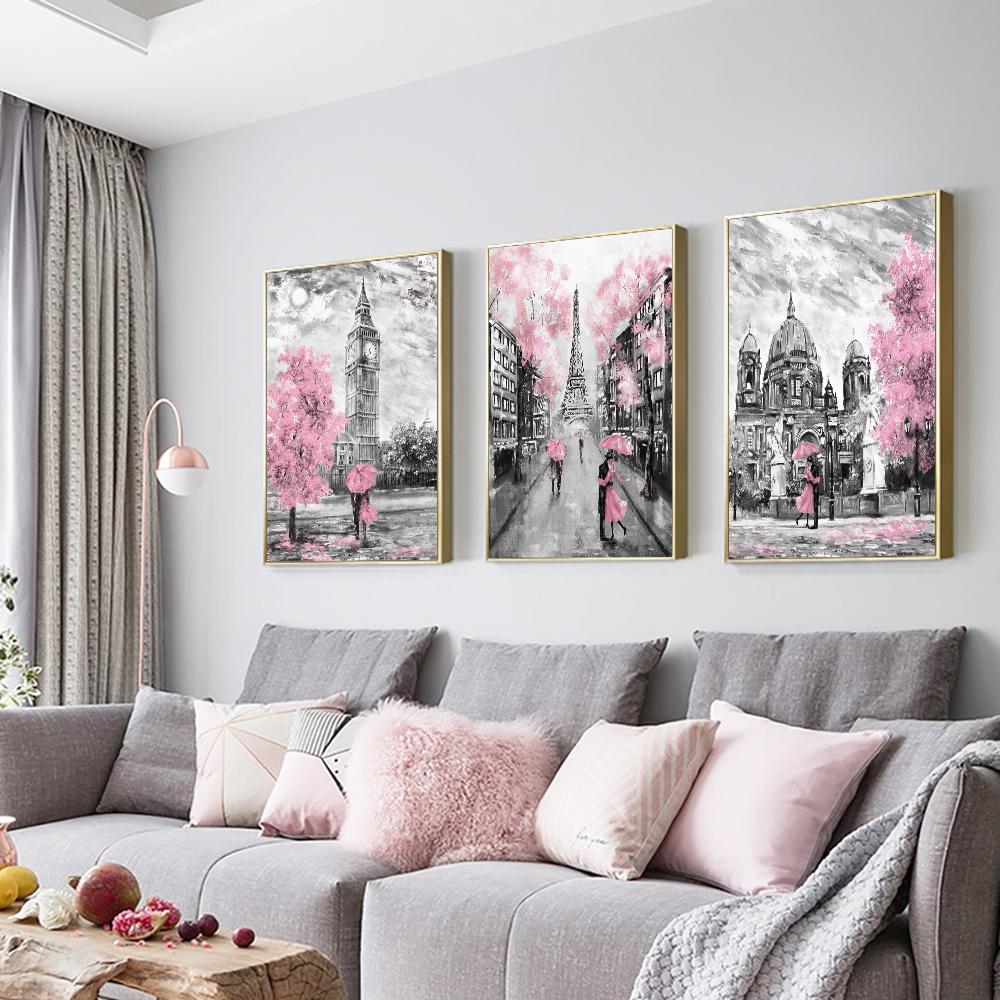 Solid Wood Frame Set Canvas Painting Pink Trees Tower Lovers With Umbrella Modern Street Wall Art Posters And Prints Home Decor