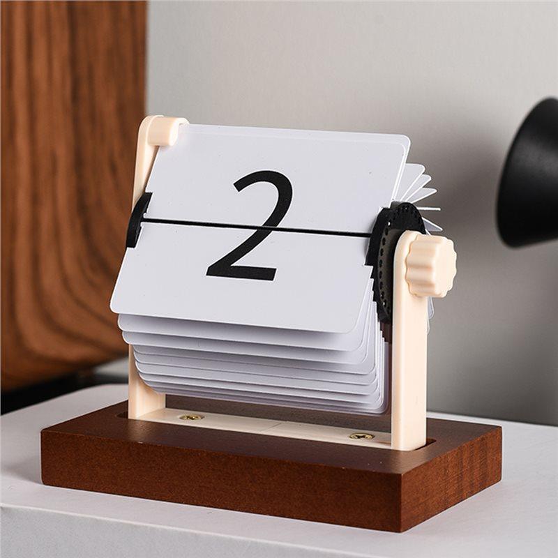 A58Z Rotating Mechanism Wooden Perpetual Calendar-Vintage Flip Desktop Calendar, Nordic Minimalist Home Office Decor