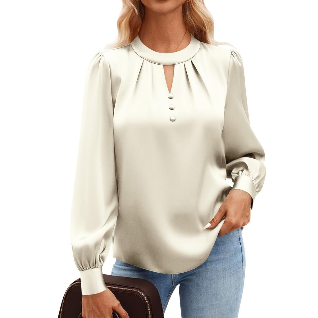 Women's Color Round Neck Long Sleeve Button Casual Business Shirt Top