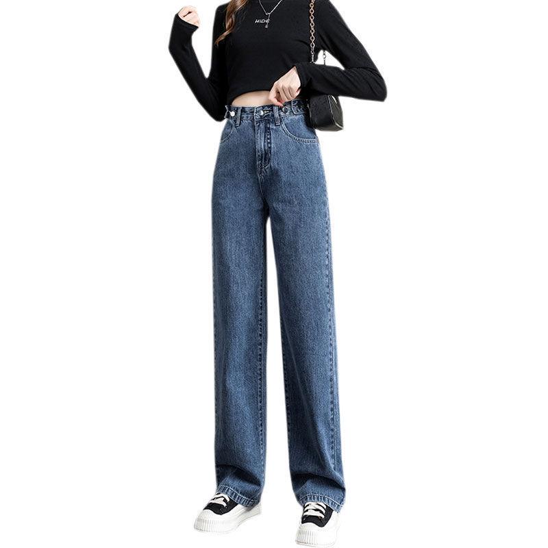 Women's Wide-Leg High Waist Adjustable Jeans - New Style, Versatile Loose Fit, Straight Floor-Length Pants