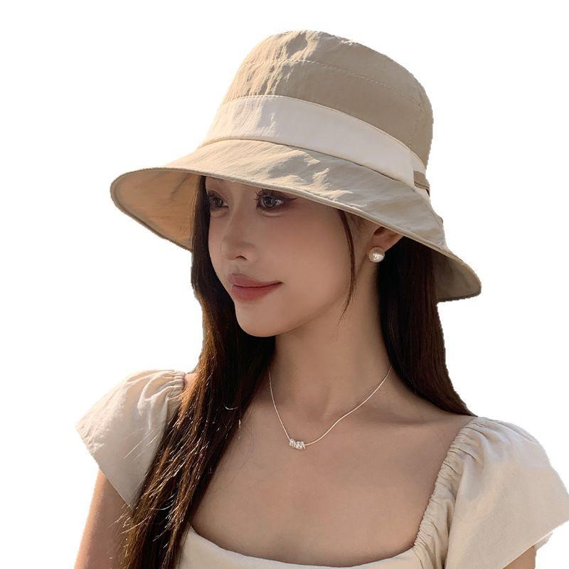 Outdoor Leisure Sun Hat Fisherman Hat Simple Color Block Tether Sun Protection Hat Girl Traveling To Show Her Face Small Hat Early Spring